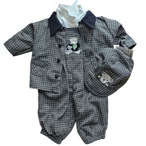 VTG 3-6 Months Plaid 4-Piece Outfit Set Teddy Bear Overalls Jacket Hat 90s NWT